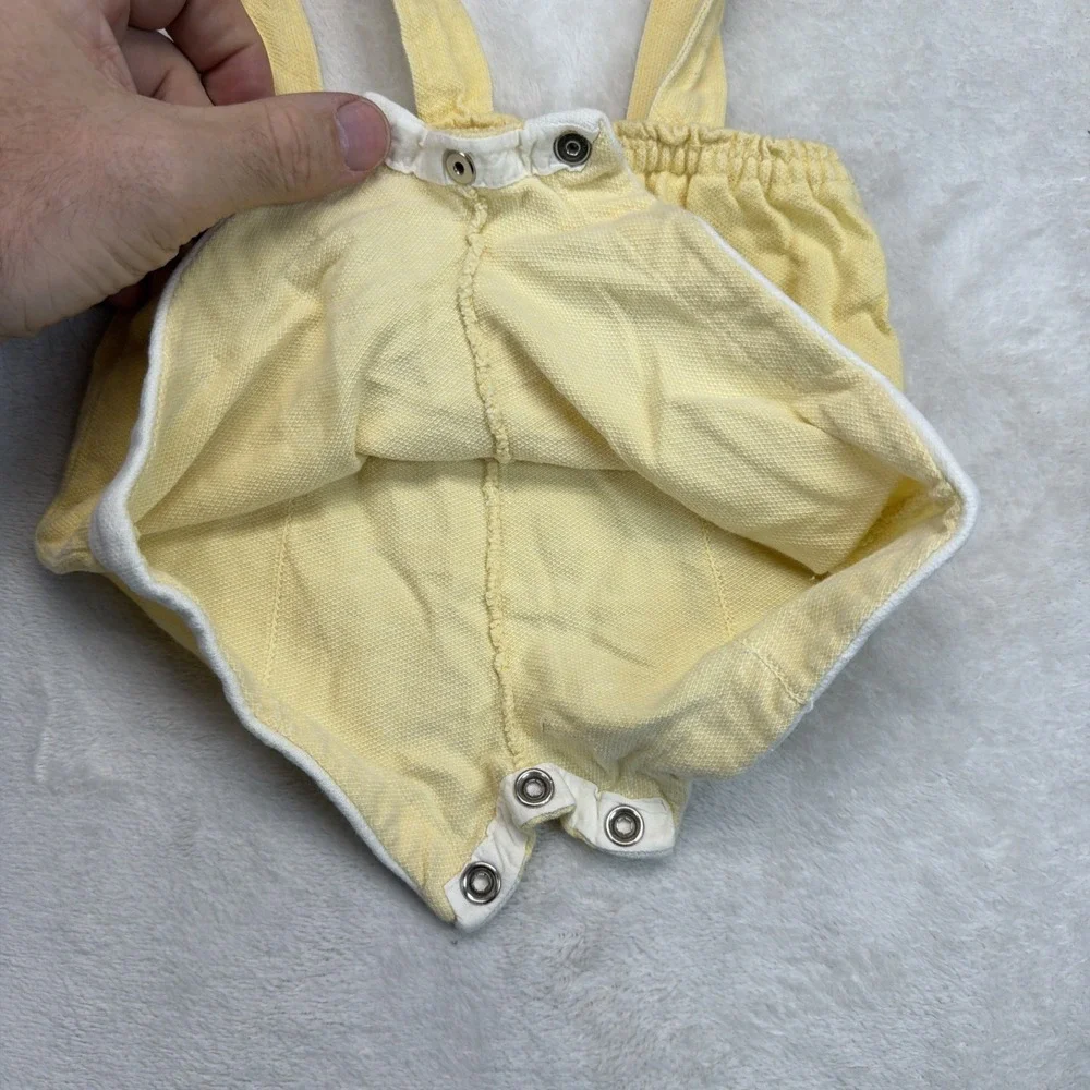Vintage Baby Yellow Suspender Shortalls Romper White Cuff Snap Crotch Unisex